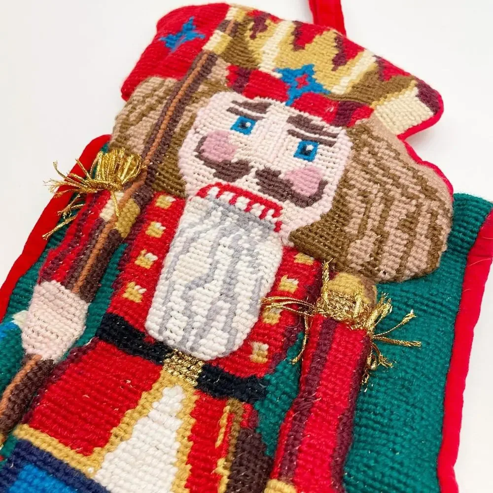 Vintage Needlepoint Wool Christmas Stocking Nutcracker Teddy Bear 3D